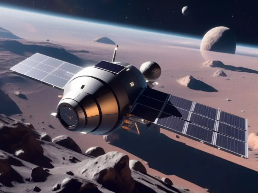 Estación espacial futurista y astronautas explorando asteroides como recursos