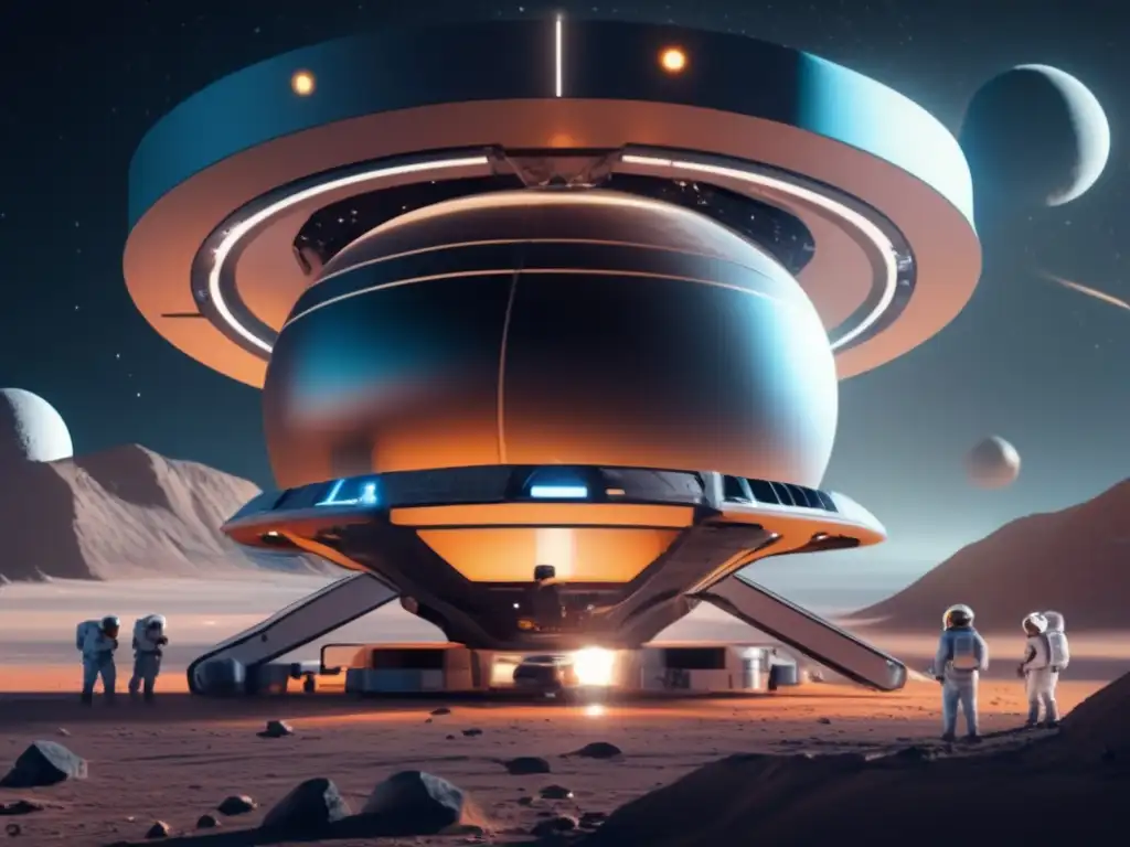 Estación espacial futurista con astronautas procesando y refinando minerales extraterrestres