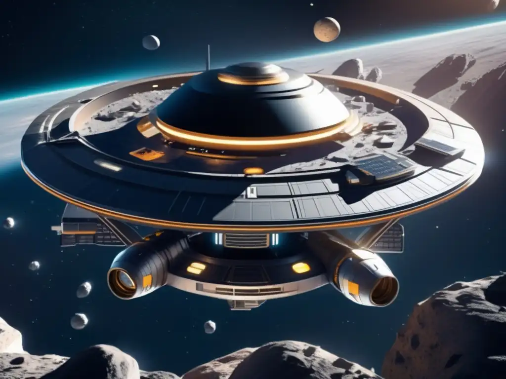 Estación espacial futurista en cinturón de asteroides con empresas tecnológicas (110 caracteres)