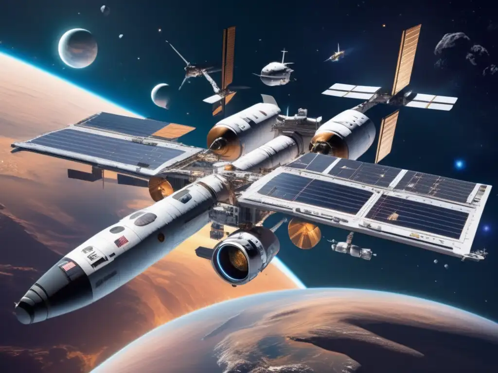 Estación espacial futurista simboliza cooperación y legislación competencia asteroides