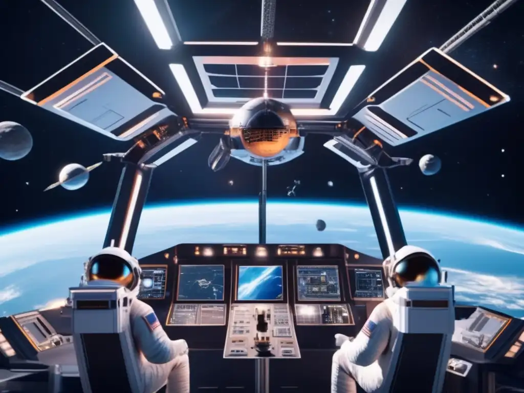 Estación espacial futurista con desviación nuclear de asteroides errantes