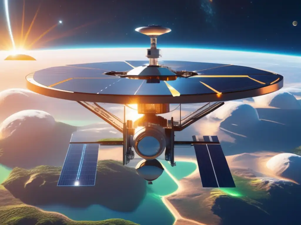 Estación espacial futurista con energía solar, innovación y riesgos de energía solar espacial