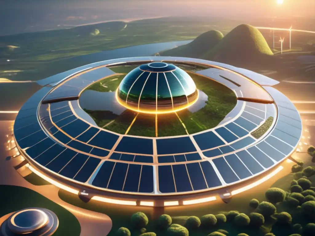 Estación espacial futurista con energía solar, simbolizando el progreso humano y la preservación ambiental