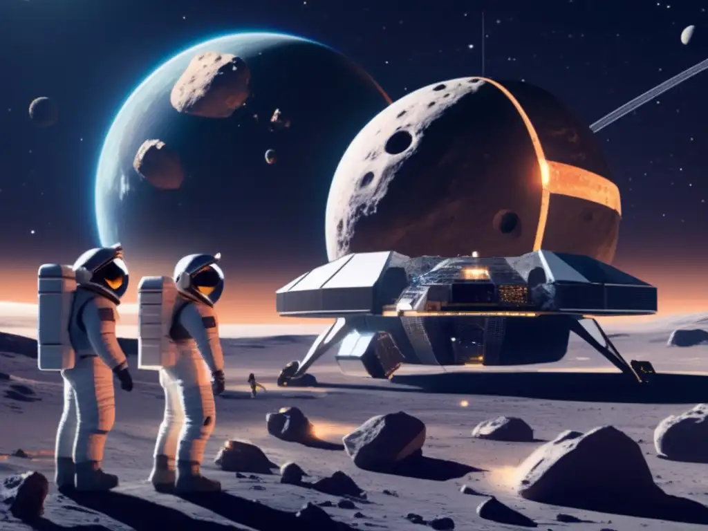 Estación espacial futurista y equipo de expertos en startups de asteroides prometedoras