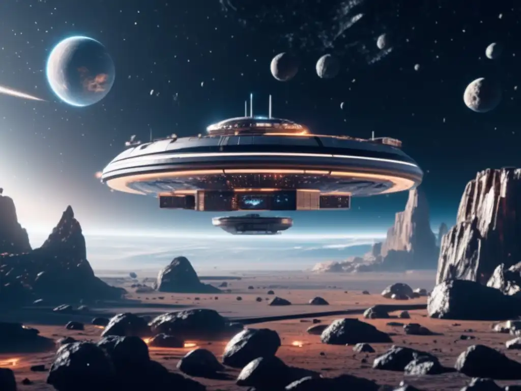 Estación espacial futurista flotando en el espacio con campo de asteroides