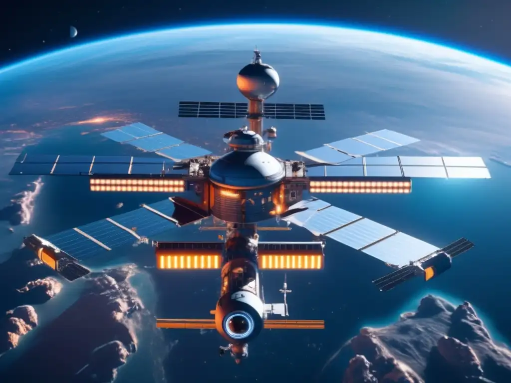 Estación espacial futurista en el espacio con gestión colaborativa de NEOs