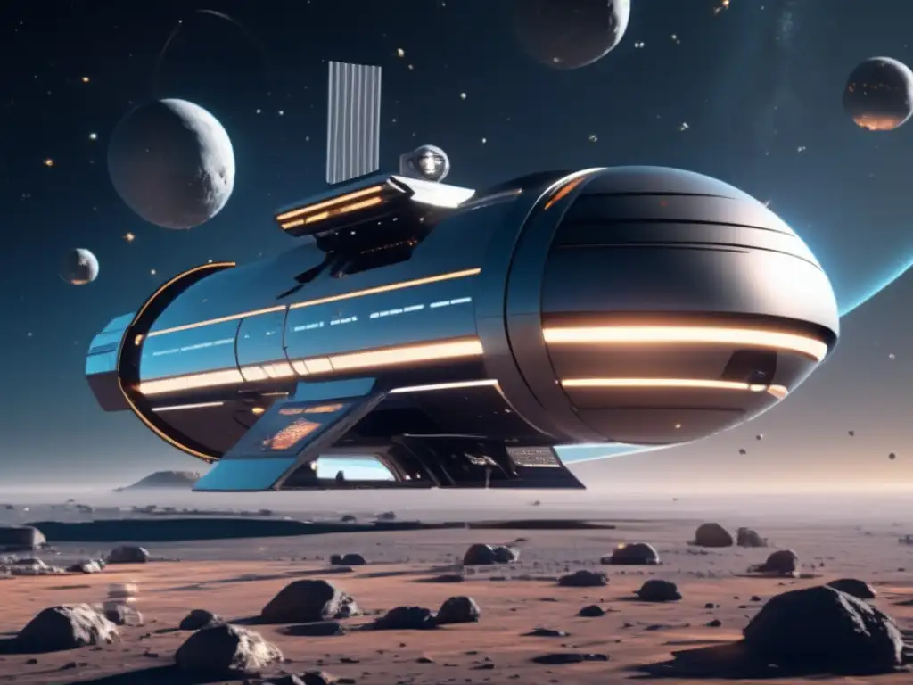Estación espacial futurista flotando en el espacio, rodeada de asteroides