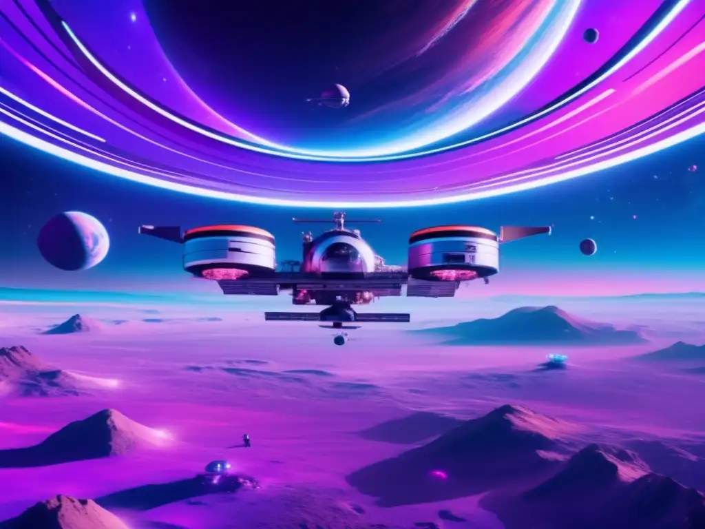 Estación espacial futurista flotando en el espacio rodeada de una vibrante nebulosa