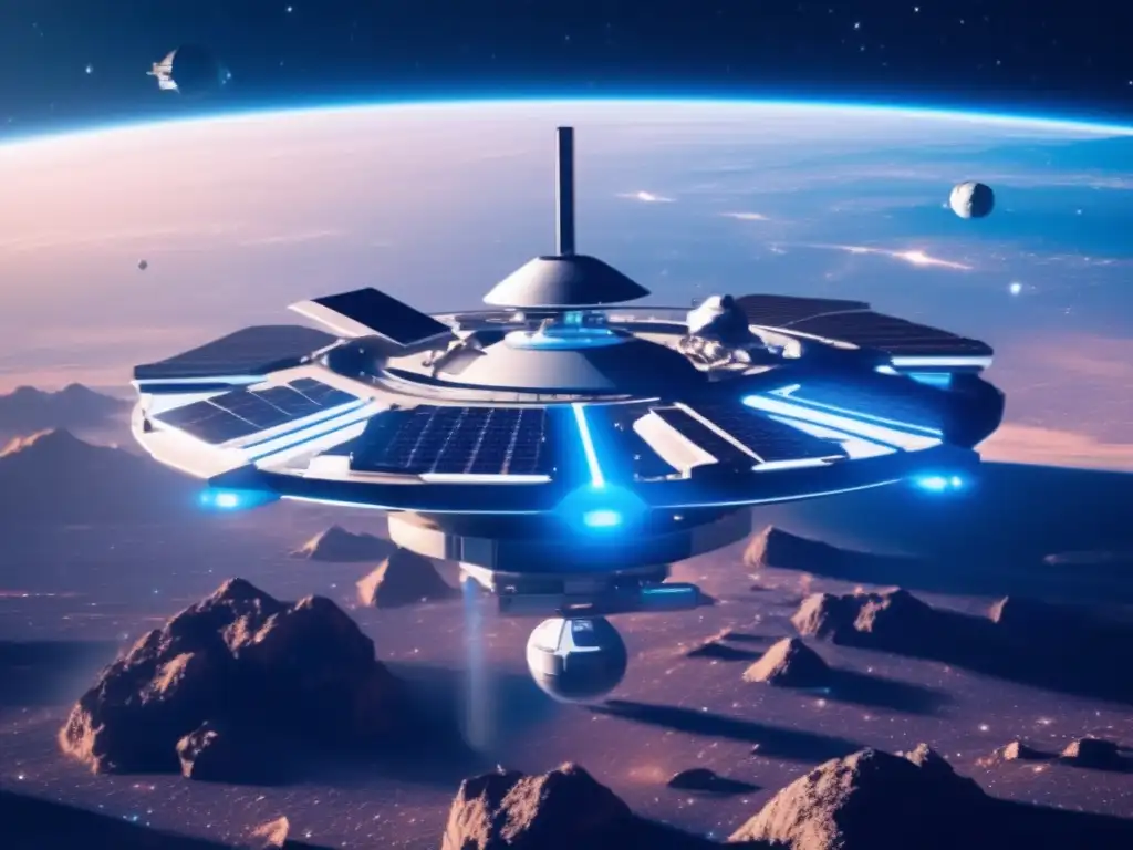 Estación espacial futurista flotando en el espacio, rodeada de asteroides