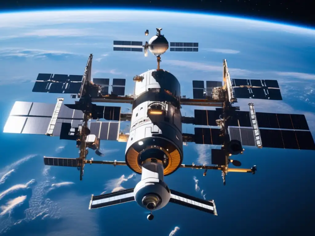 Estación espacial futurista en el espacio, con la Tierra de fondo