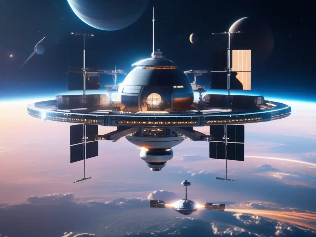 Estación espacial futurista en el espacio con vista de la Tierra, naves de diferentes naciones y astronautas realizando investigación científica