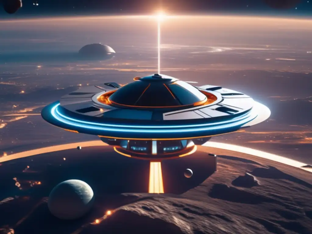 Estación espacial futurista flotando en el espacio - Automatización en explotación asteroides