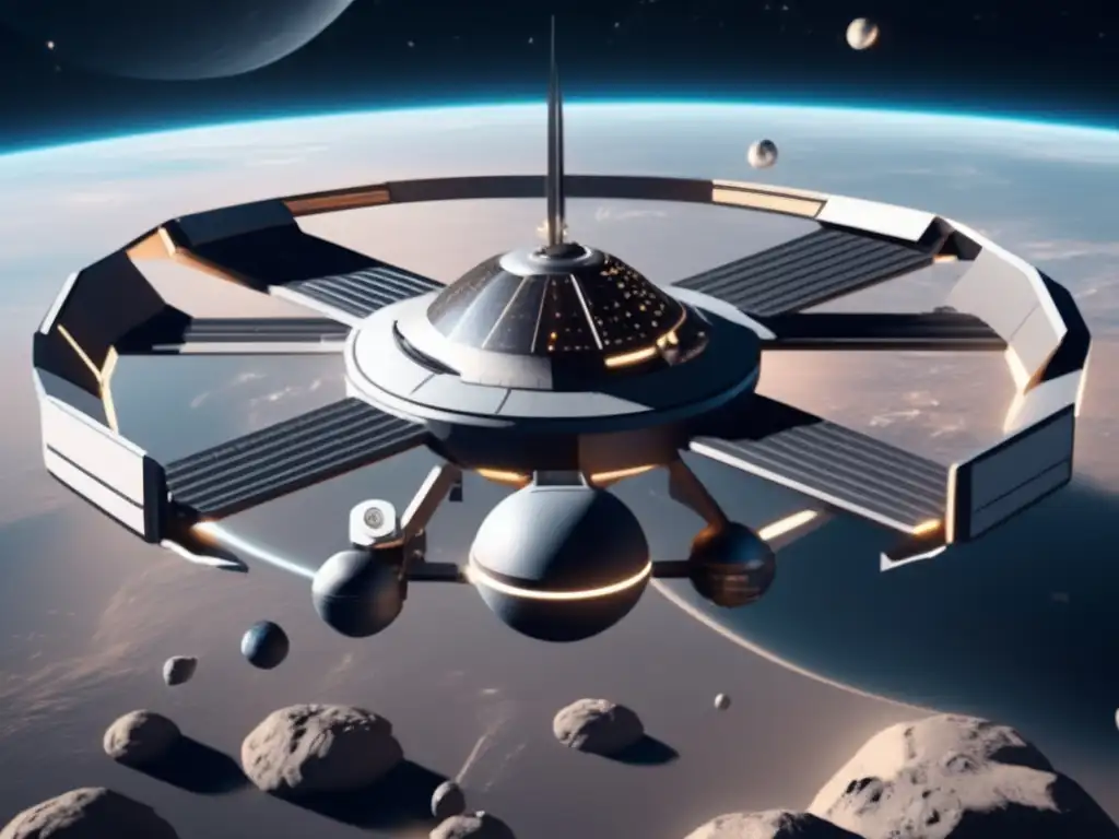 Estación espacial futurista previniendo impactos de asteroides