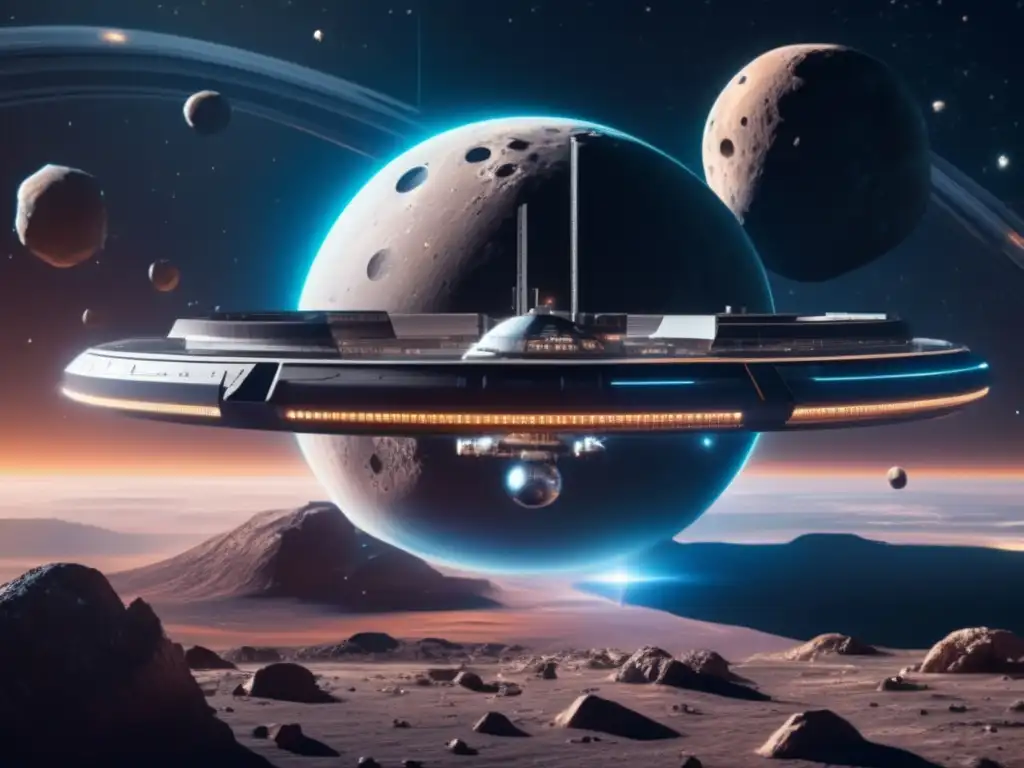 Estación espacial futurista junto a asteroide gigante en cosmos, exploración de asteroides como recurso