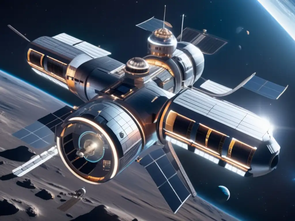 Estación espacial futurista y naves espaciales en misión de exploración de asteroides - Financiación colectiva misiones asteroides