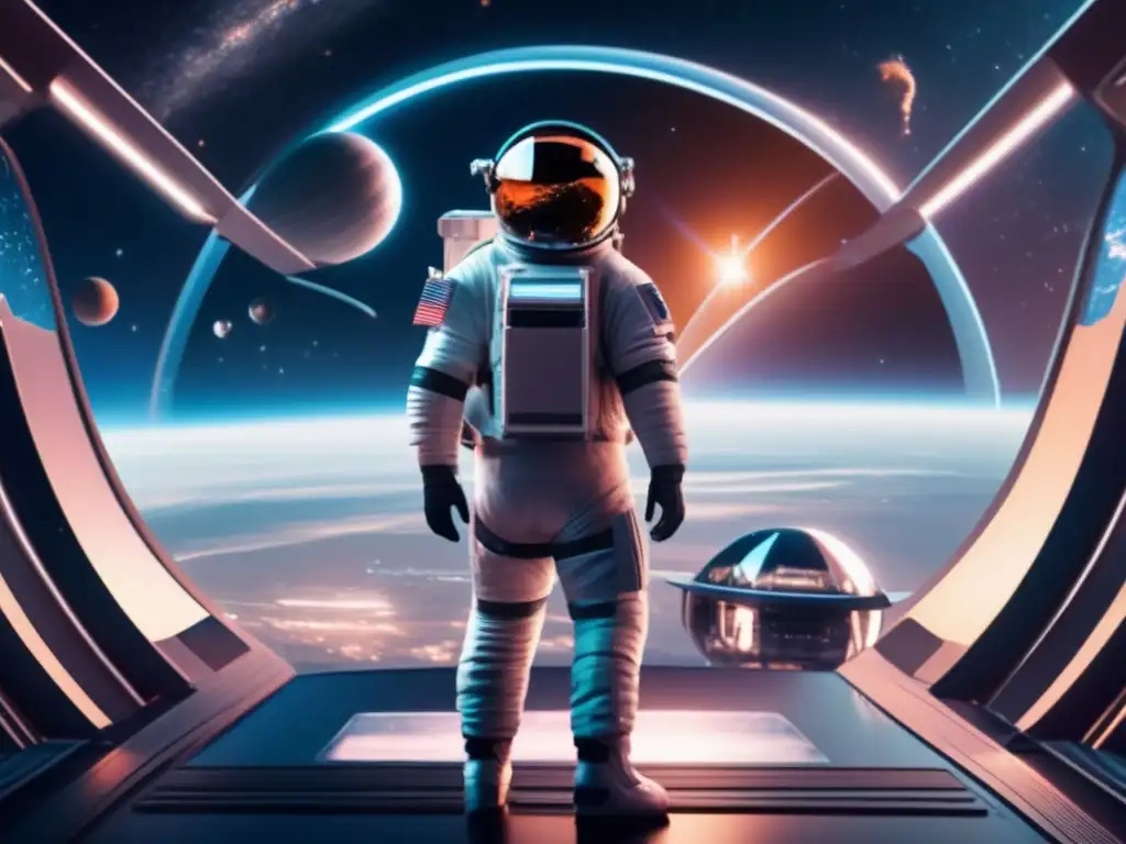 Estación espacial futurista en órbita de un planeta distante, con astronauta y tecnología IA: Valorización de recursos espaciales con IA