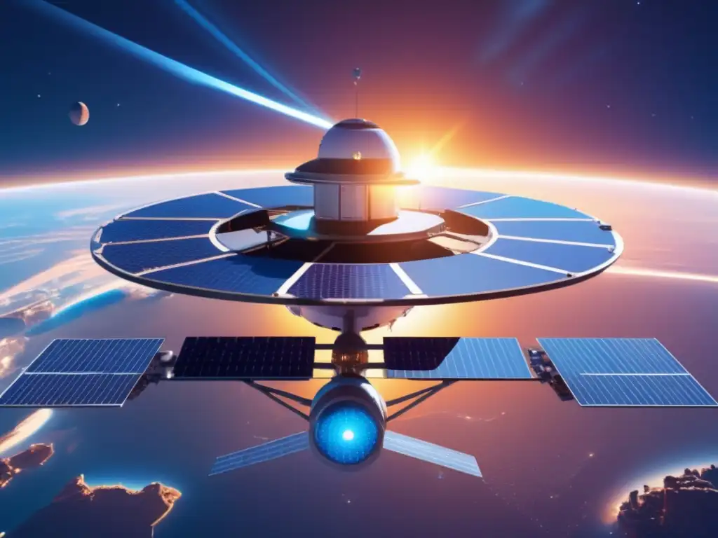 Estación espacial futurista con paneles solares azules, energía solar espacial revolucionaria