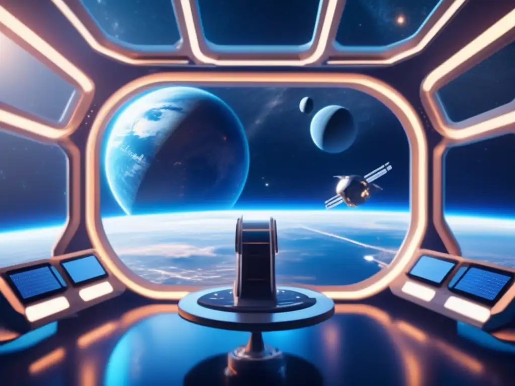 Estación espacial futurista orbita planeta azul, reflejando leyes propiedad recursos espaciales