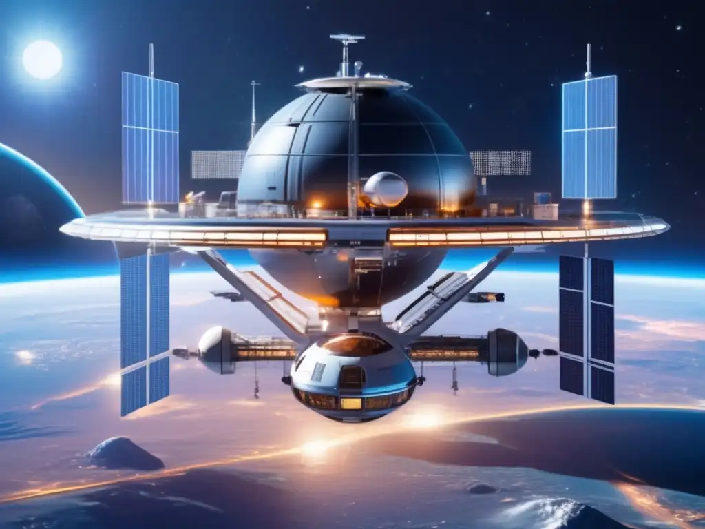Estación espacial futurista orbitando planeta azul, con estructuras metálicas y paneles solares