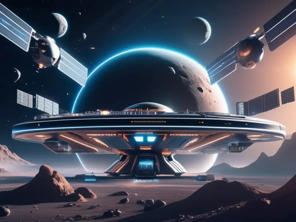 Estación espacial futurista rodeada de asteroides troyanos, simbolizando el potencial de la economía global futura