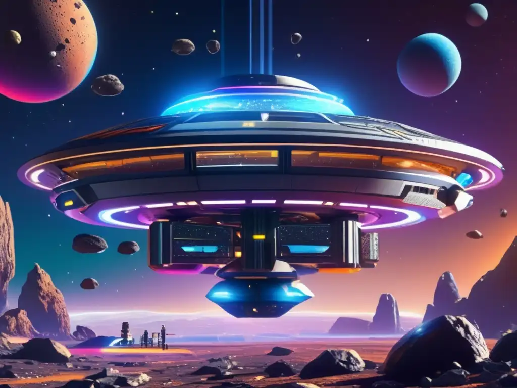 Estación espacial futurista rodeada de asteroides, con colores vibrantes y detalles intrincados