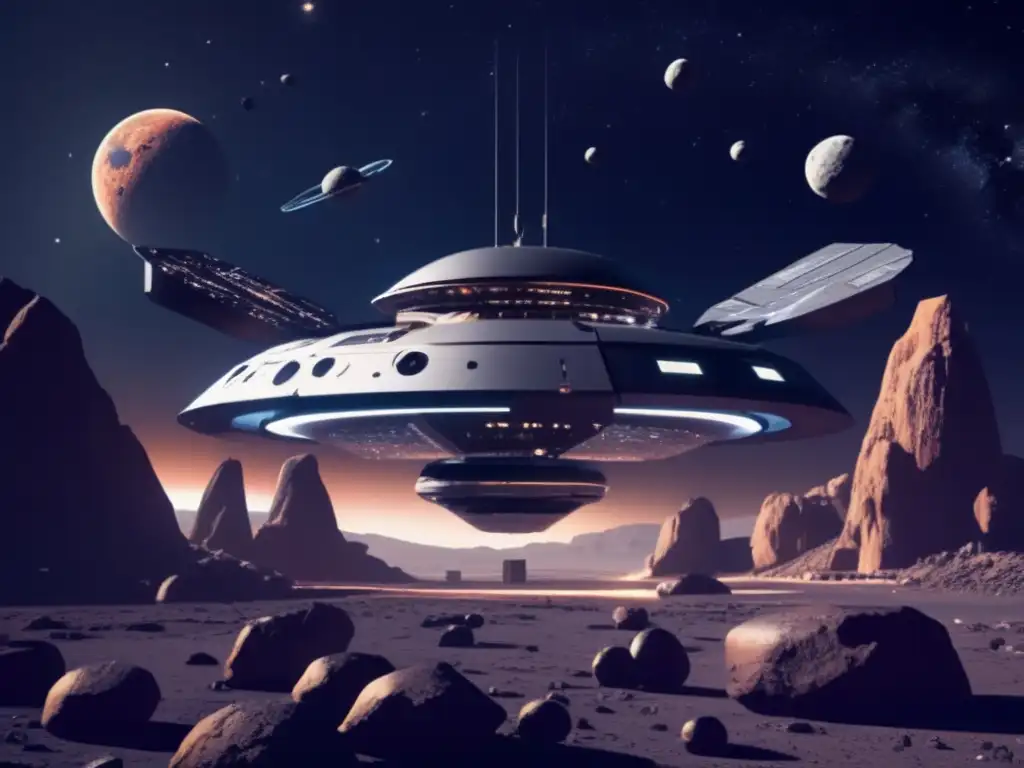 Estación espacial futurista rodeada de asteroides: revolución industria espacial, materiales asteroides