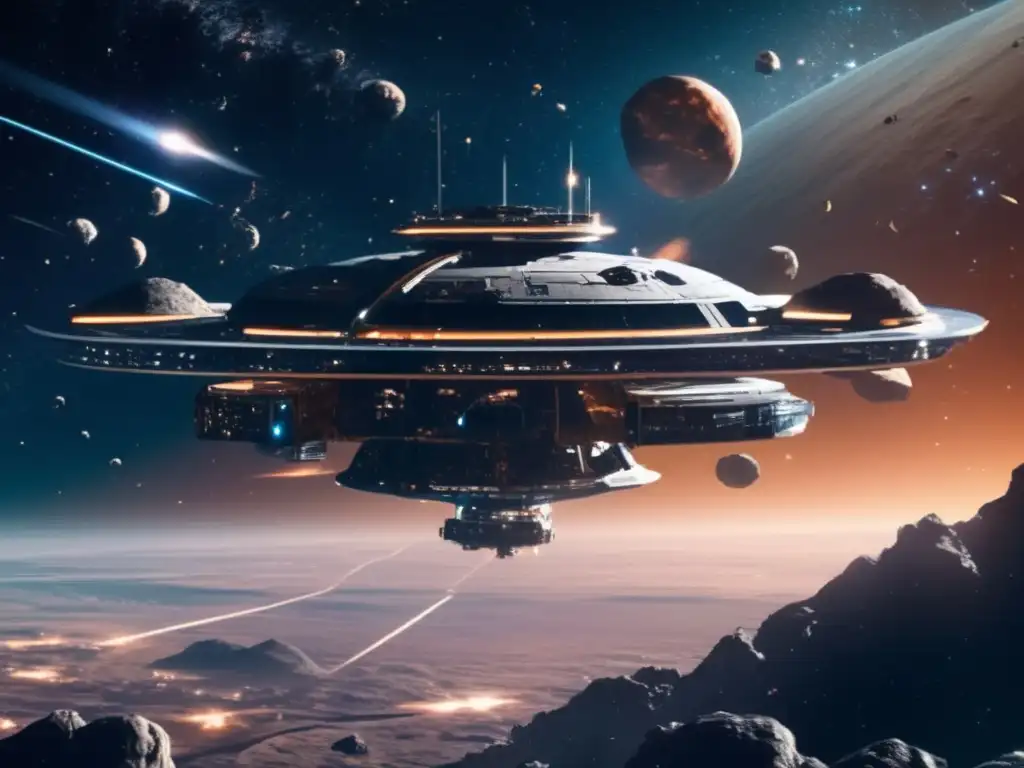 Estación espacial futurista rodeada de asteroides: colonización humana de asteroides