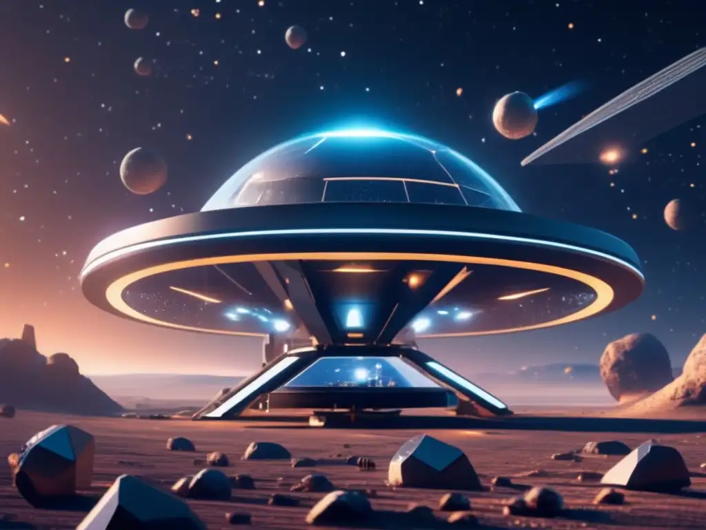 Estación espacial futurista rodeada de asteroides: Exploración humana con asteroides