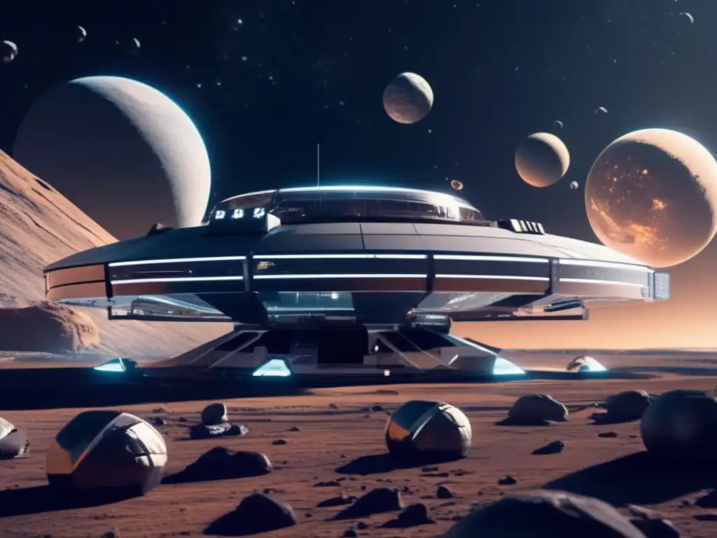 Estación espacial futurista rodeada de asteroides: exploración espacial asteroides IA