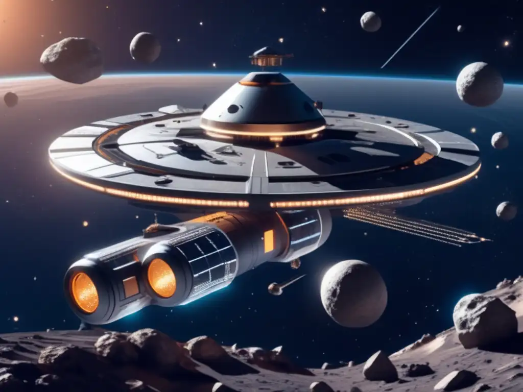 Estación espacial futurista rodeada de asteroides, simbolizando la comunicación en tiempo real con asteroides