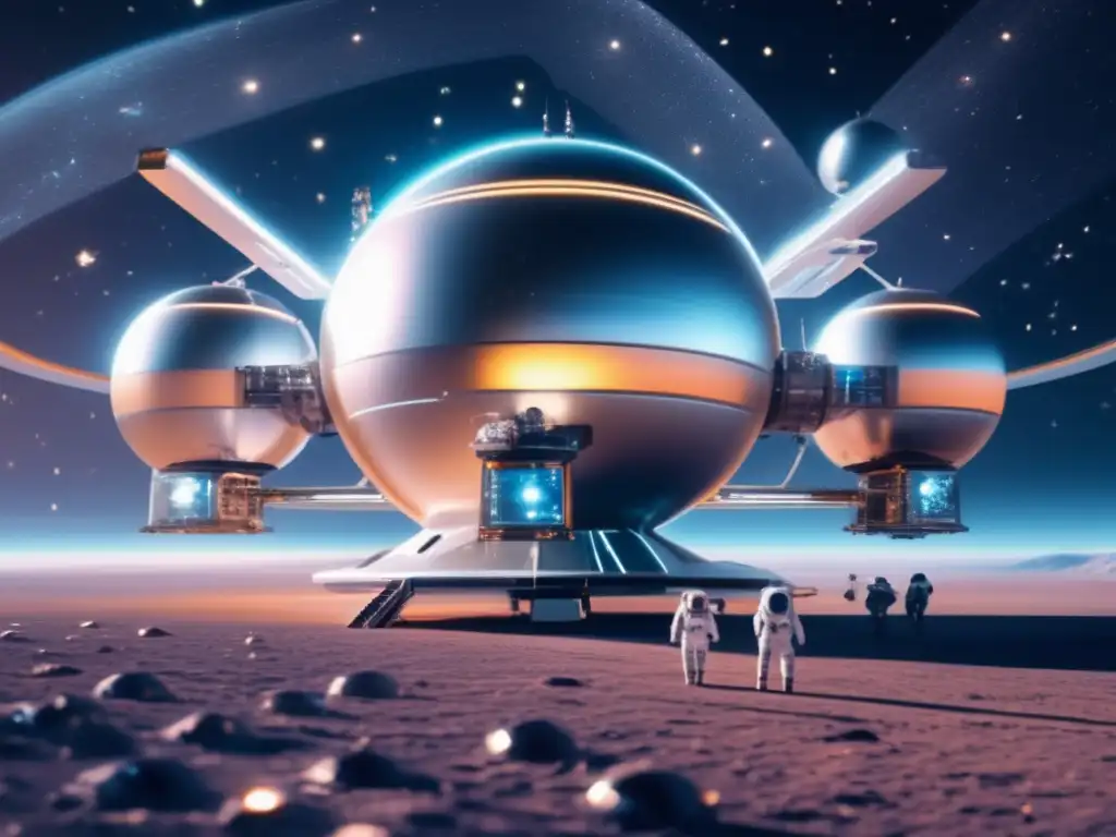 Estación espacial futurista rodeada de estrellas, astronautas en trajes espaciales
