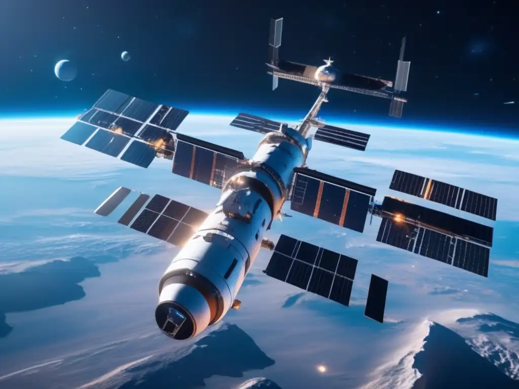 Estación espacial futurista con sistema de defensa avanzado: Defensa planetaria contra asteroides