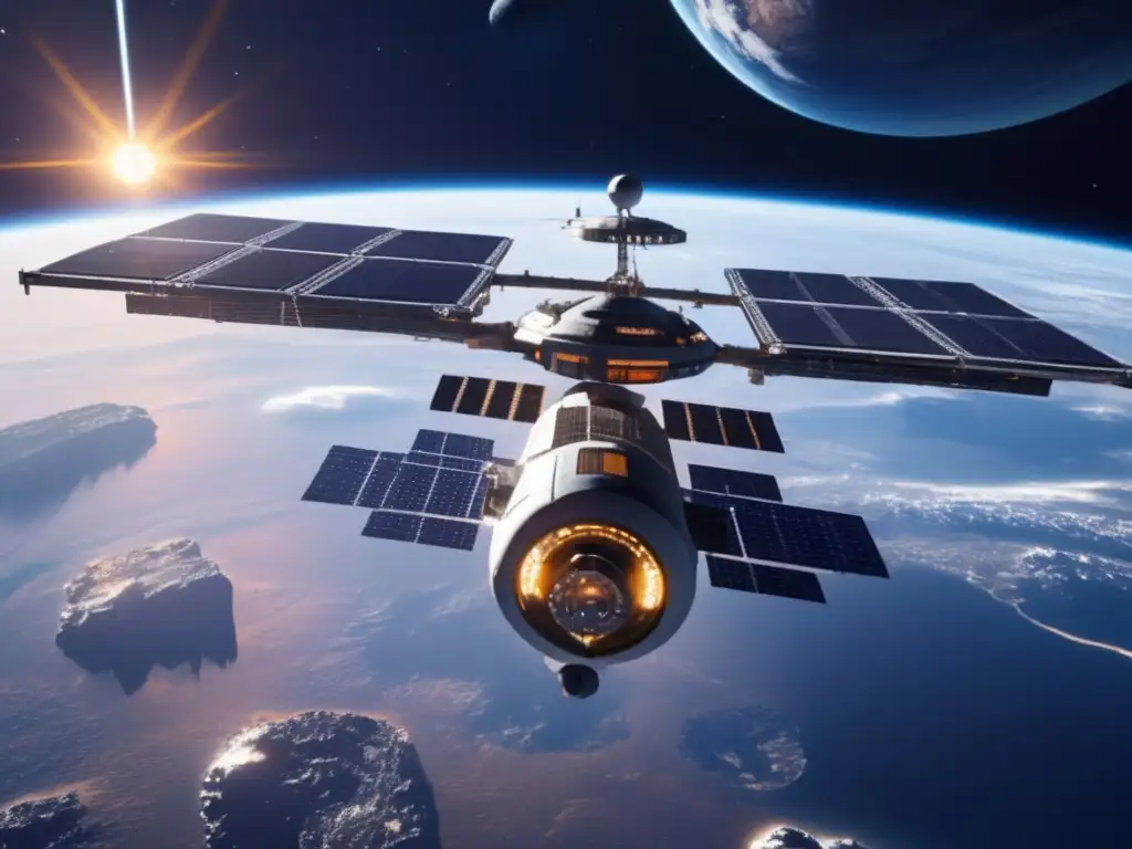 Estación espacial futurista en el espacio Estación espacial futurista con sistemas de soporte vital asteroides