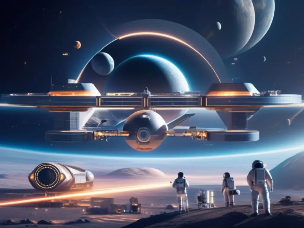 Estación espacial futurista y tecnología avanzada protegiendo la Tierra de asteroides