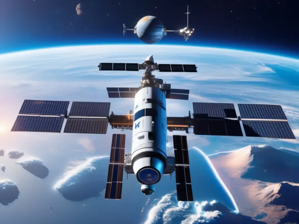 Estación espacial futurista con tecnología avanzada para desviar asteroides, colaboración internacional y políticas de seguridad