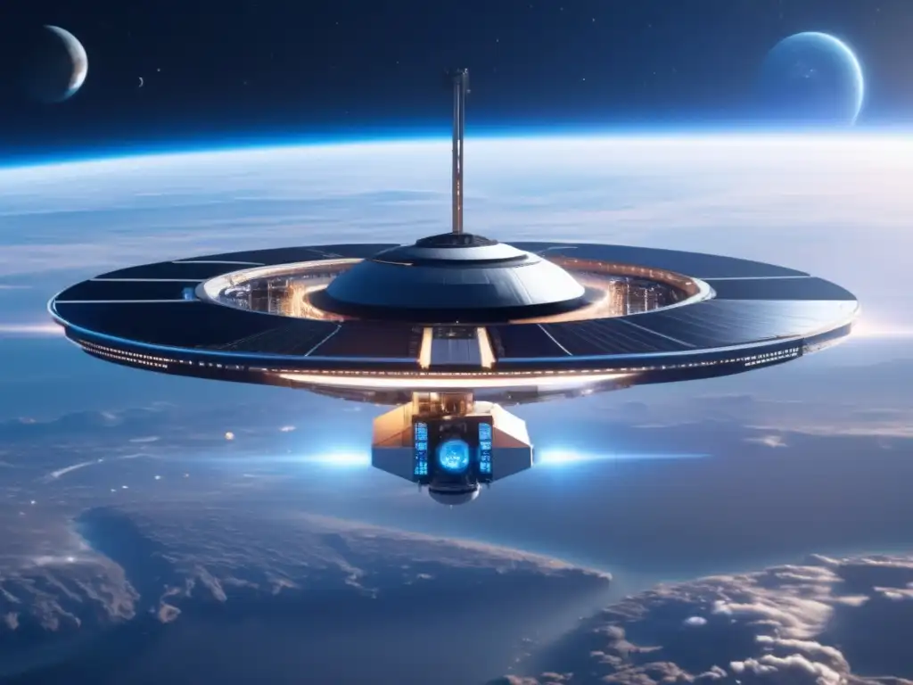Estación espacial futurista con tecnologías de defensa planetaria ante asteroides