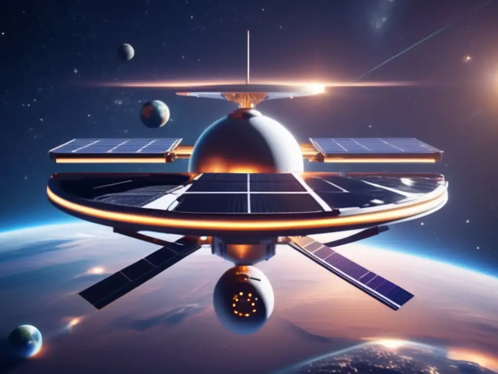 Estación espacial futurista orbitando la Tierra, alimentada por satélites solares