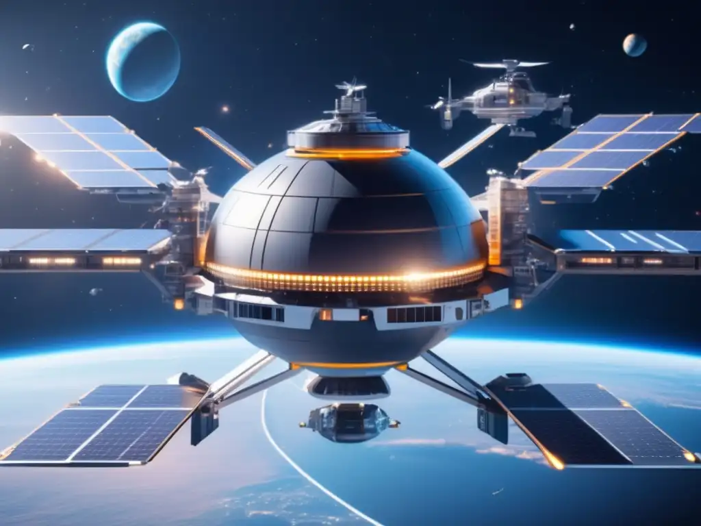 Estación espacial futurista defendiendo la Tierra de asteroides