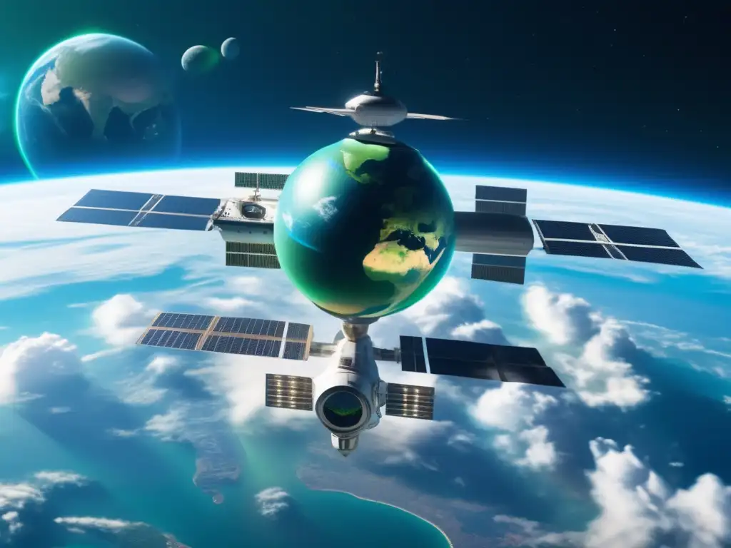 Estación espacial futurista orbitando la Tierra azul y verde con asteroides potencialmente peligrosos