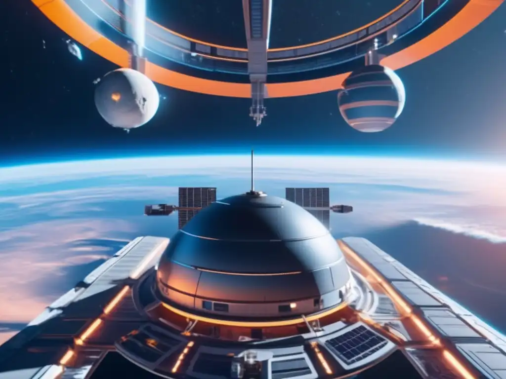 Estación espacial futurista orbitando la Tierra, cielo azul, defensa planetaria contra NEOs