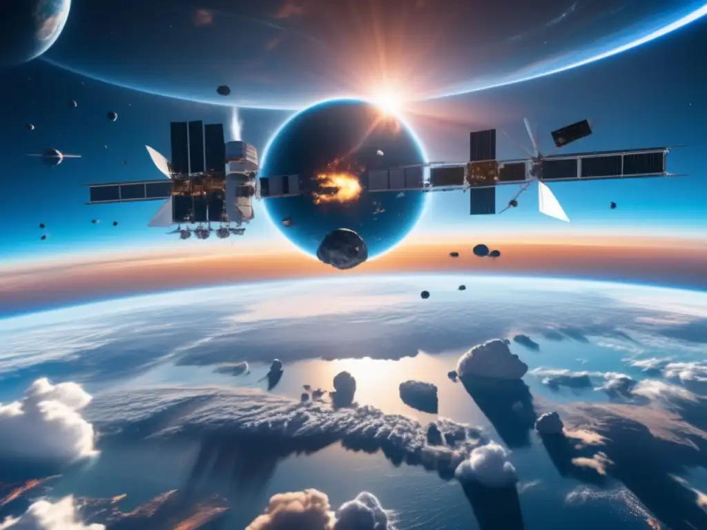 Estación espacial futurista orbitando la Tierra con satélites de defensa angular