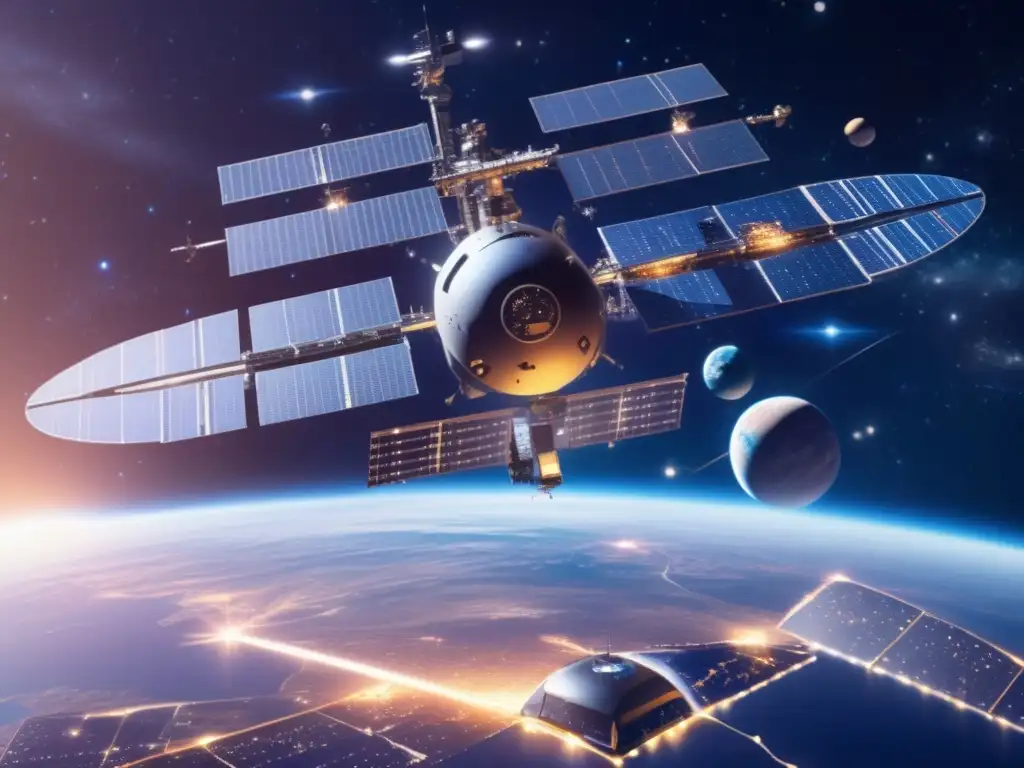 Estación espacial futurista orbitando la Tierra con satélites de comunicación: Influencia troyanos órbitas satélites