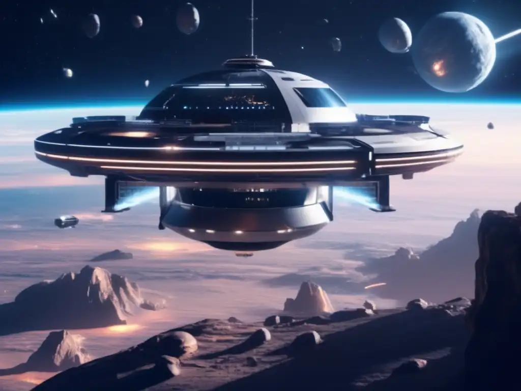 Estación espacial futurista con vista astronómica, asteroides y astronautas: Legislación competencia cooperación asteroides