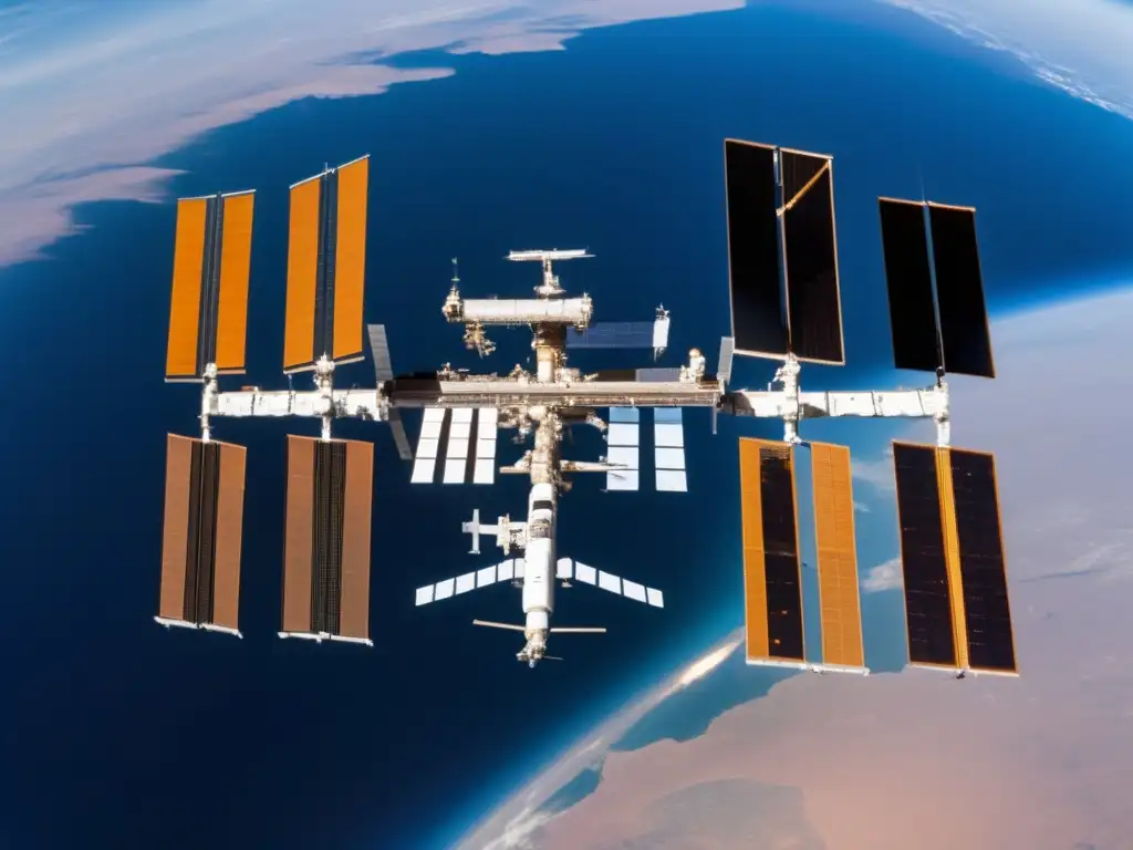 La ISS flotando en el espacio, con la Tierra de fondo Estación Espacial Internacional (ISS) flotando en el espacio, con la Tierra de fondo