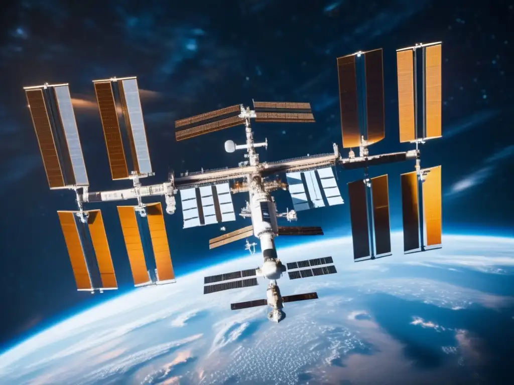 Estación Espacial Internacional (ISS) en órbita, gestionando asteroides peligrosos con cooperación internacional
