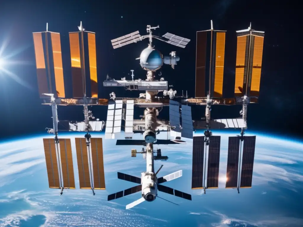 Estación espacial internacional orbitando la Tierra, astronautas, naves espaciales y tratado de 1967 sobre regulación internacional de asteroides
