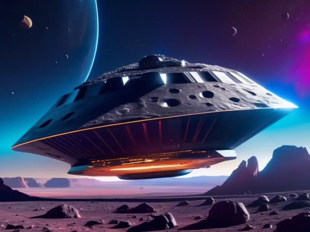 Misión espacial: nave futurista y asteroide, tecnología y vastedad del espacio