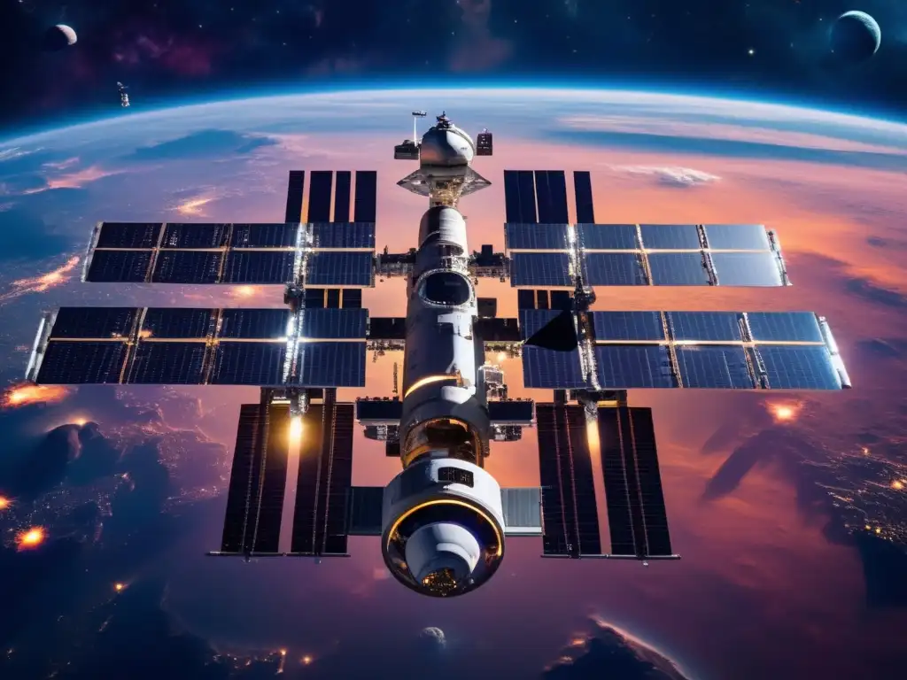 Estación espacial flotando sobre la Tierra, con reciclaje de asteroides para economía espacial