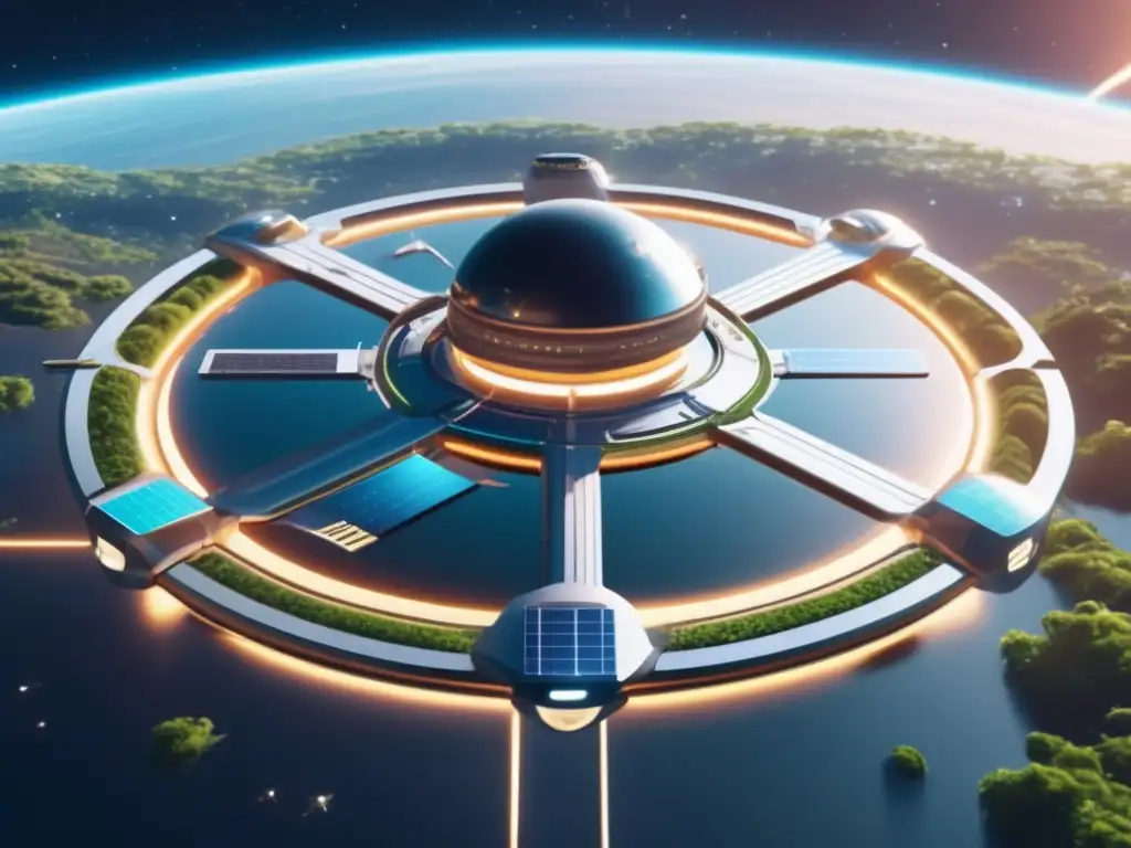 Futurística estación espacial verde con paneles solares y campo de asteroides