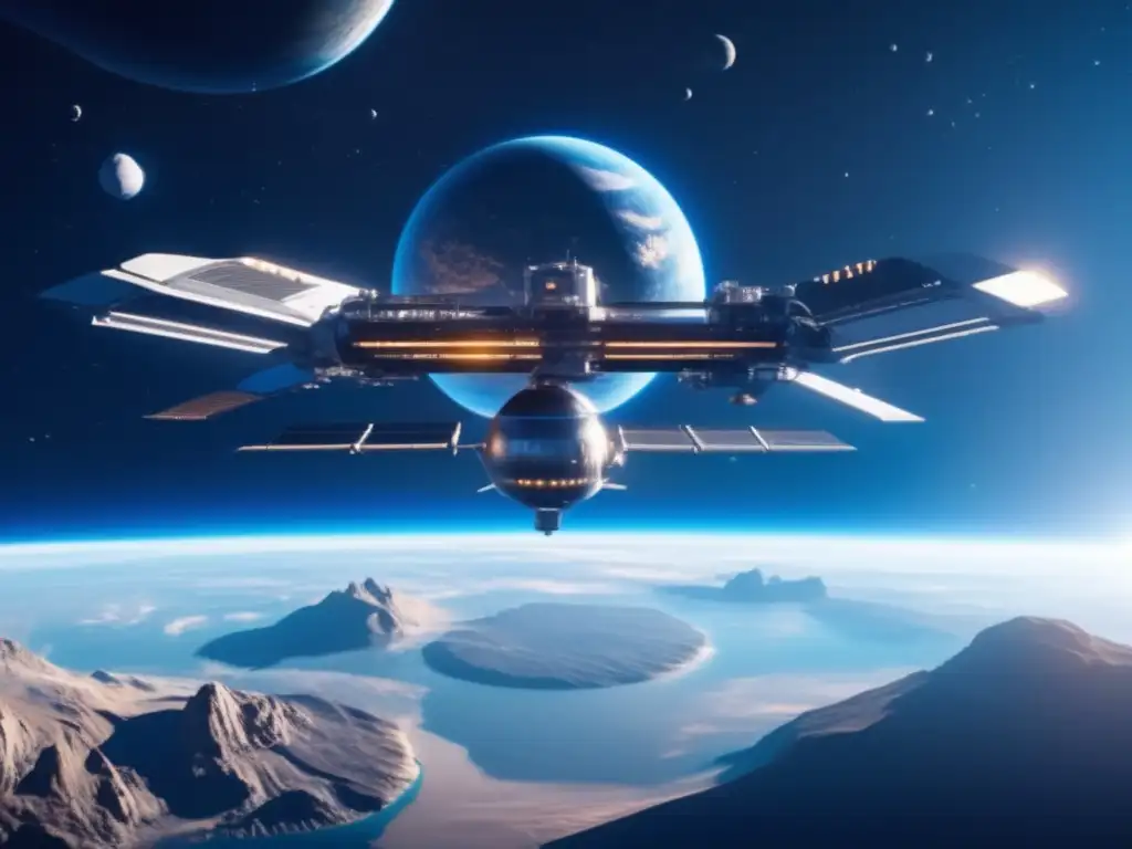 Espacio con estación futurista, defensa planetaria de asteroides